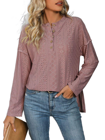 Eyelet Round Neck Long Sleeve Top