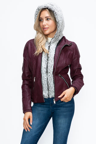 PMI Faux Layered Double-Zipper Jacket with Fuzzy Hood