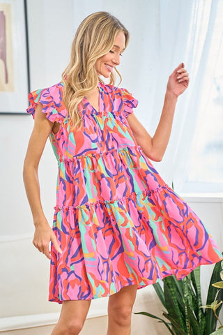 Full Size Printed Ruffle Cap Sleeve Tiered Dress