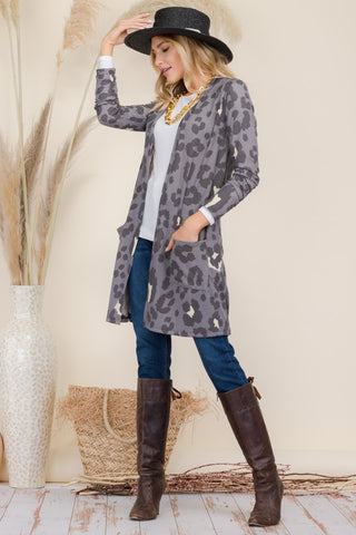 Full Size Leopard Open Front Contrast Cardigan