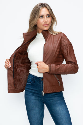 MI Faux Layered Double-Zipper Jacket with Fuzzy Hood