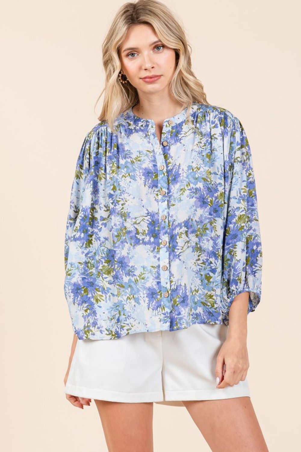 Flower Print Batting Sleeve Button Down Blouse
