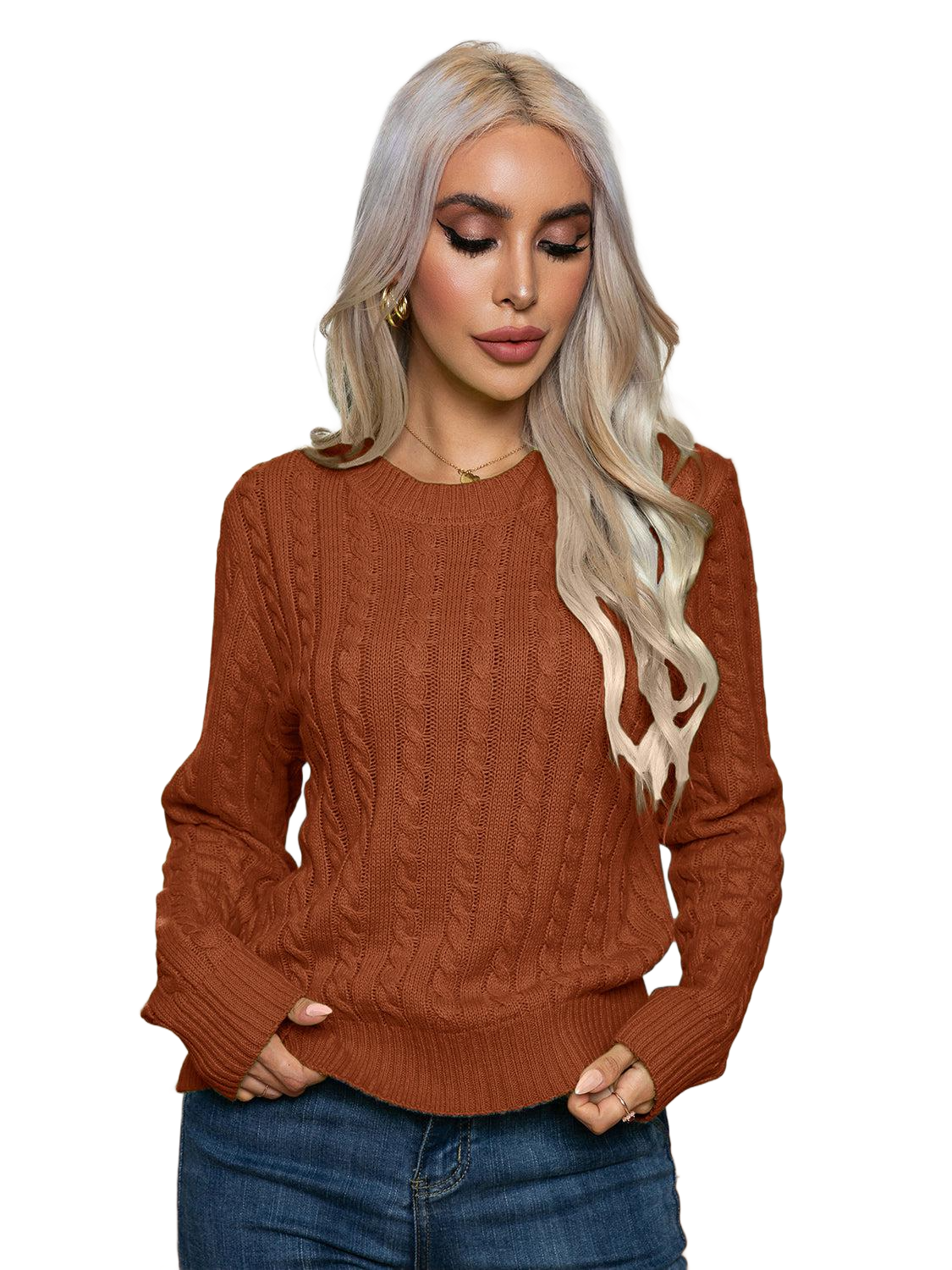 Cable-Knit Round Neck Long Sleeve Sweater