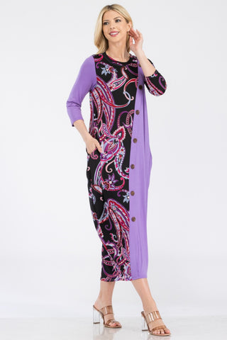 Full Size Paisley Contrast Midi Dress with Pockets