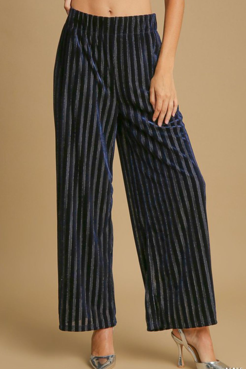 Full Size Elastic Waist Striped Wide Leg Velvet Pants