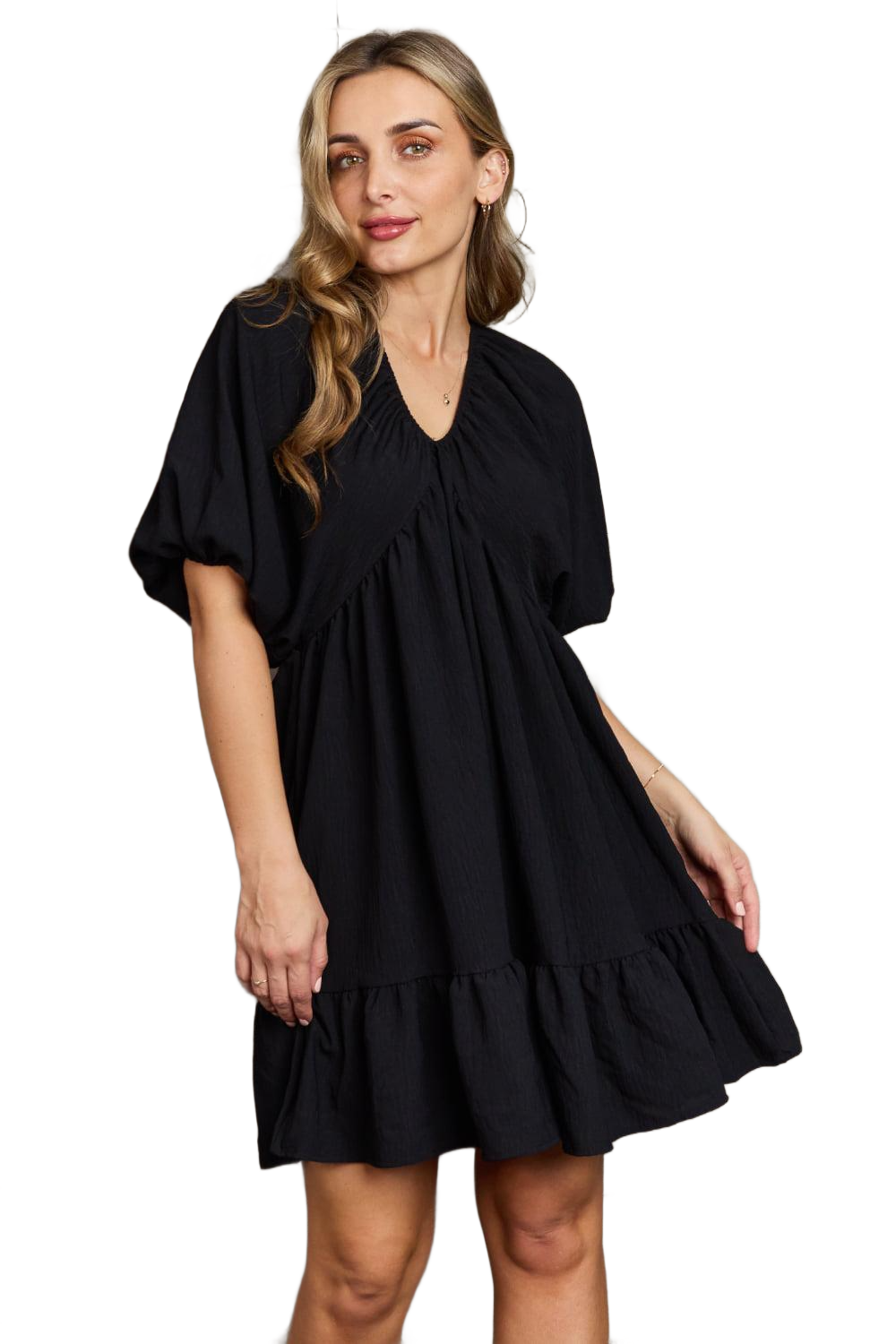 Comfort Cutie Double V-Neck Puff Sleeve Mini Dress