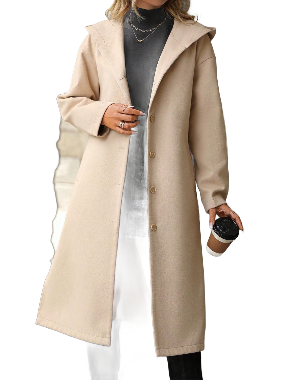 Button Up Long Sleeve Hooded Coat