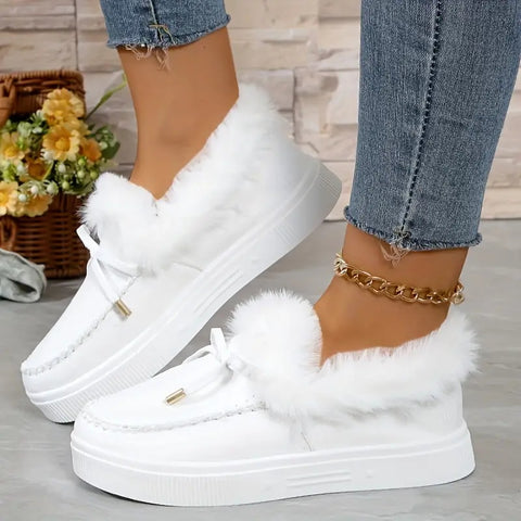 Bow Furry Round Toe Flat Slip-ons