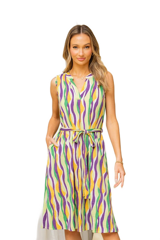 Full Size Stripe Tied Sleeveless Dress with Side Pockets