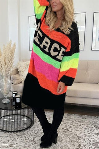 Color Block V-Neck Long Sleeve Sweater Dress