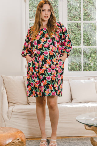 I Full Size Floral Puff Sleeve Mini Dress