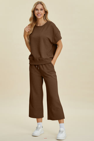 Full Size Texture Round Neck Top and Pants Set