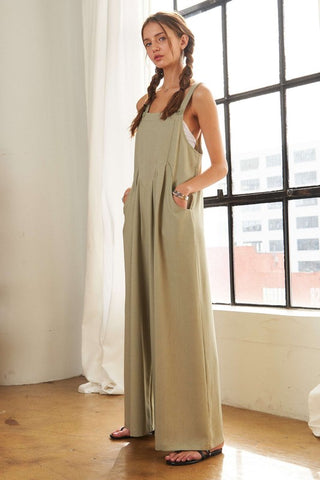 A Square Neck Wide Leg Overalls with Pockets