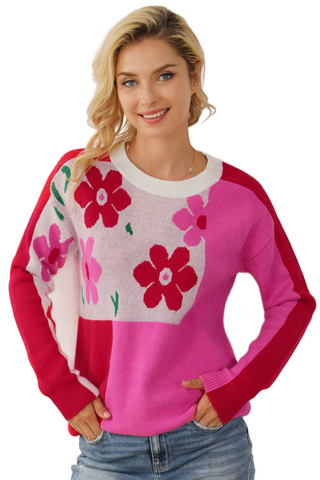 Floral Round Neck Dropped Shoulder Sweater