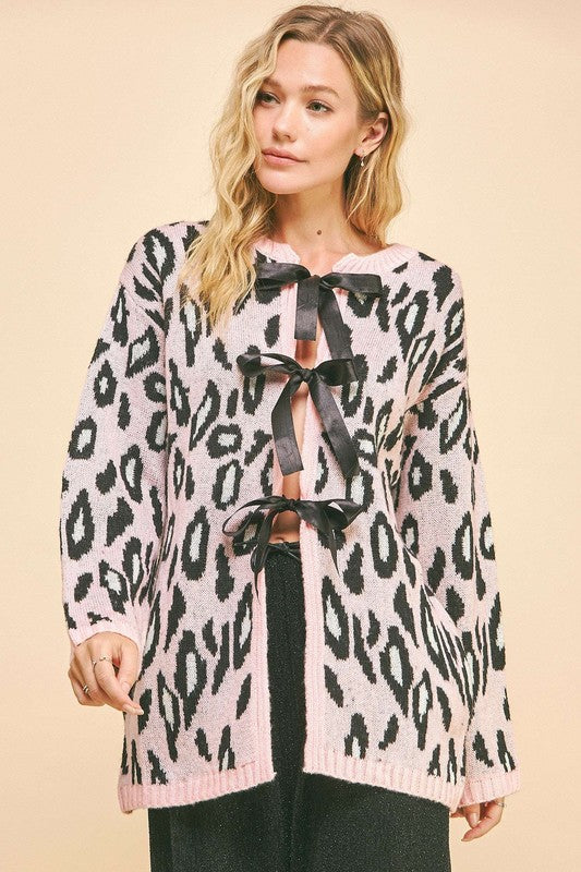 Davis & Dani Leopard Ribbon Tie Front Loose Fit Cardigan