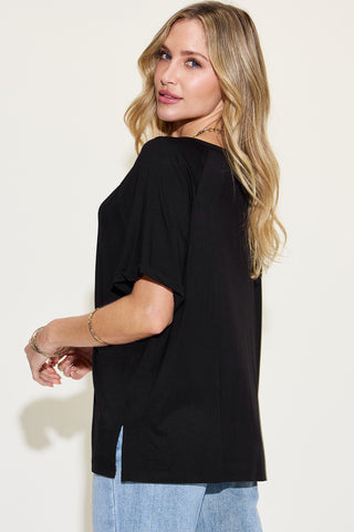 Full Size Slit V-Neck Short Sleeve T-Shirt