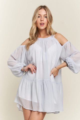 A Cold Shoulder Balloon Sleeve Mini Dress