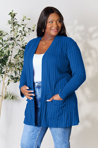 Full Size Ribbed Open Front Cardigan with Pockets