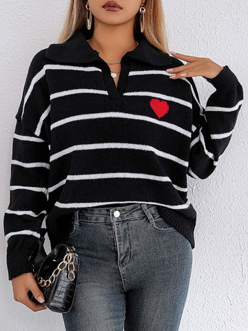 Striped Johnny Collar Long Sleeve Sweater