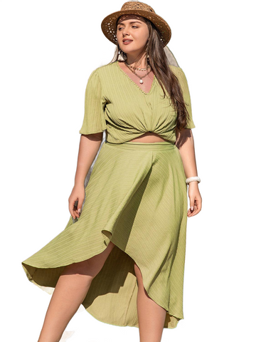 Plus Size V-Neck Half Sleeve Top and High-Low Skirt Set