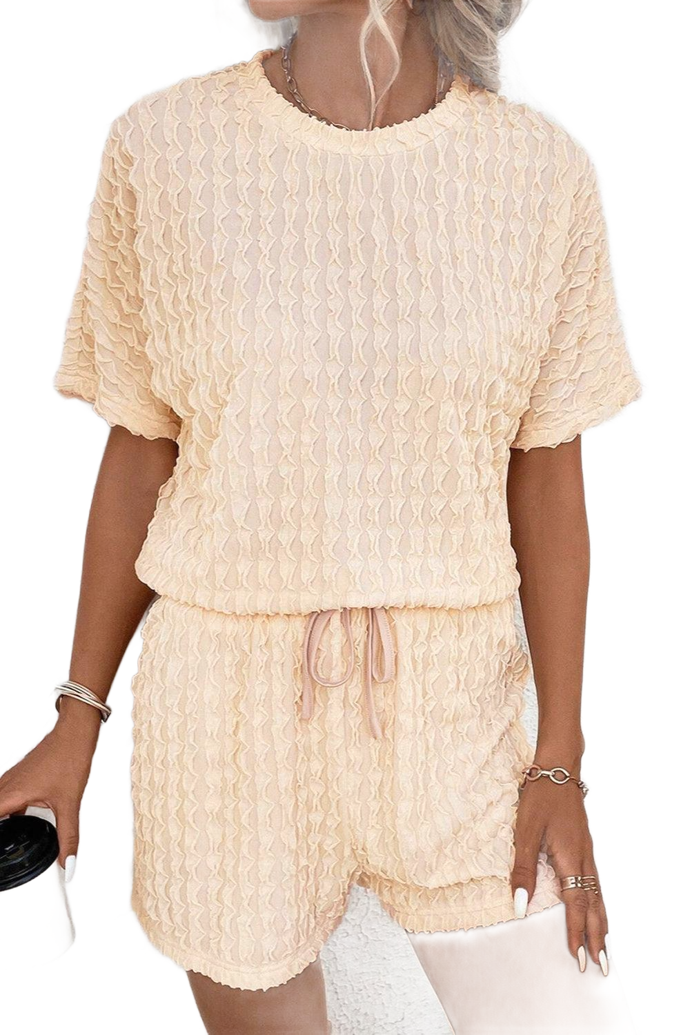 Textured Round Neck Top and Shorts Set