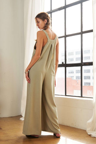 A Square Neck Wide Leg Overalls with Pockets