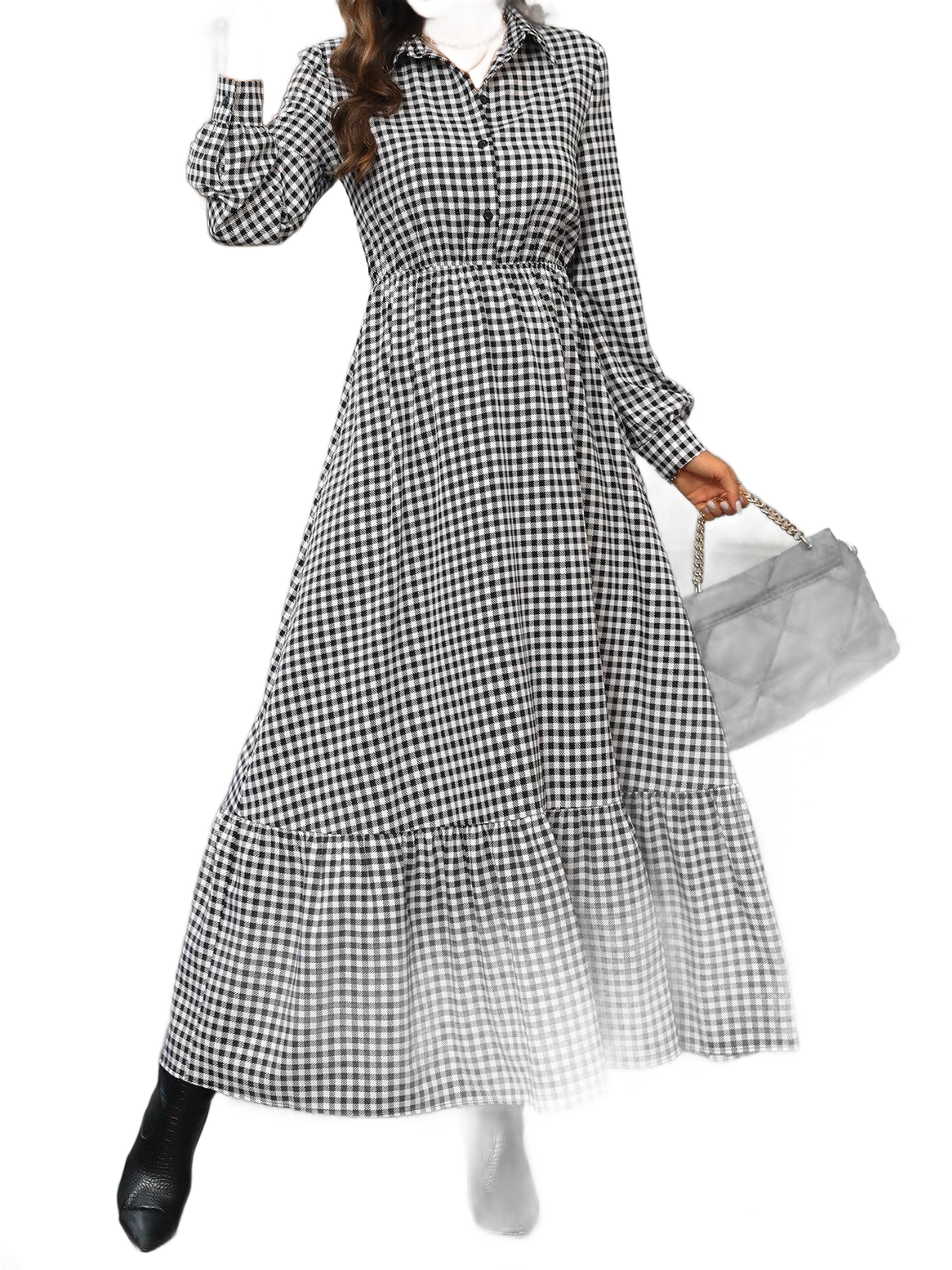 Ruffle Hem Plaid Long Sleeve Dress