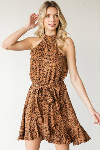 Full Size Leopard Belted Sleeveless Dress