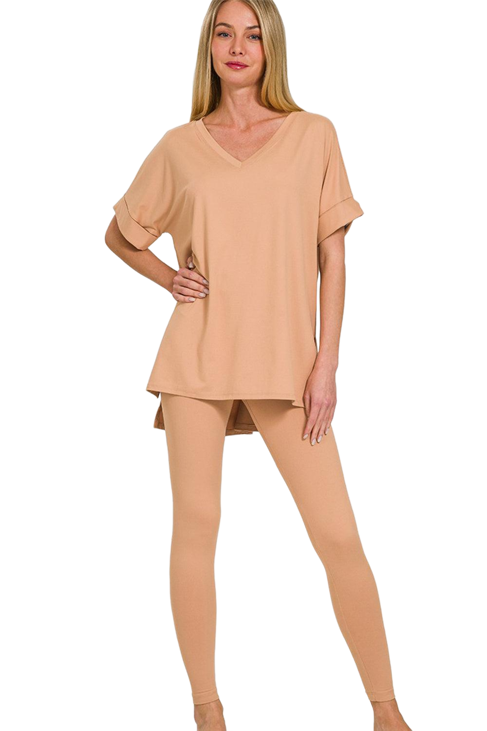 Full Size V-Neck Rolled Short Sleeve T-Shirt and Leggings Lounge Set