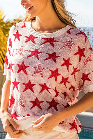 Star Pattern Round Neck Short Sleeve Knit Top