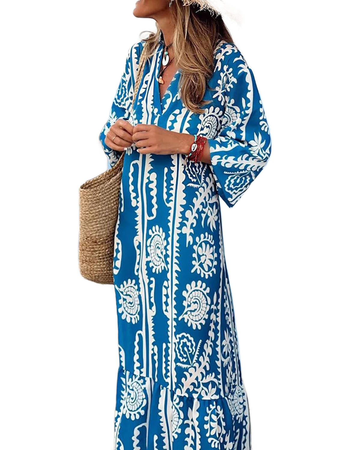 Printed Notched Half Sleeve Maxi Dress