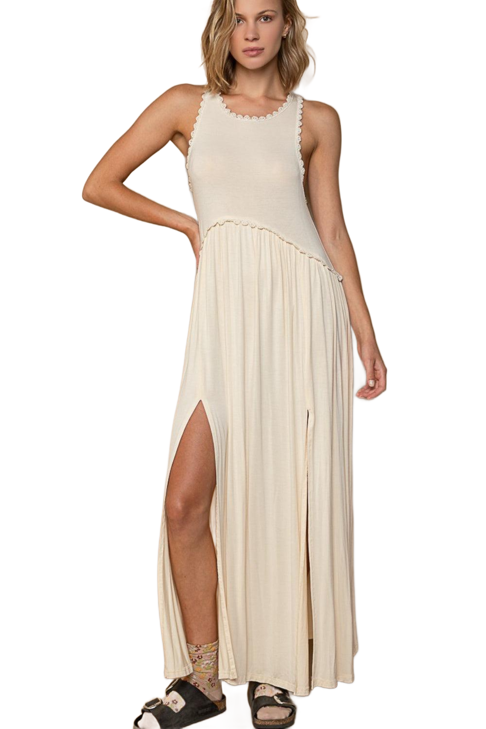 Sleeveless Back Zipper Front Slit Maxi Dress