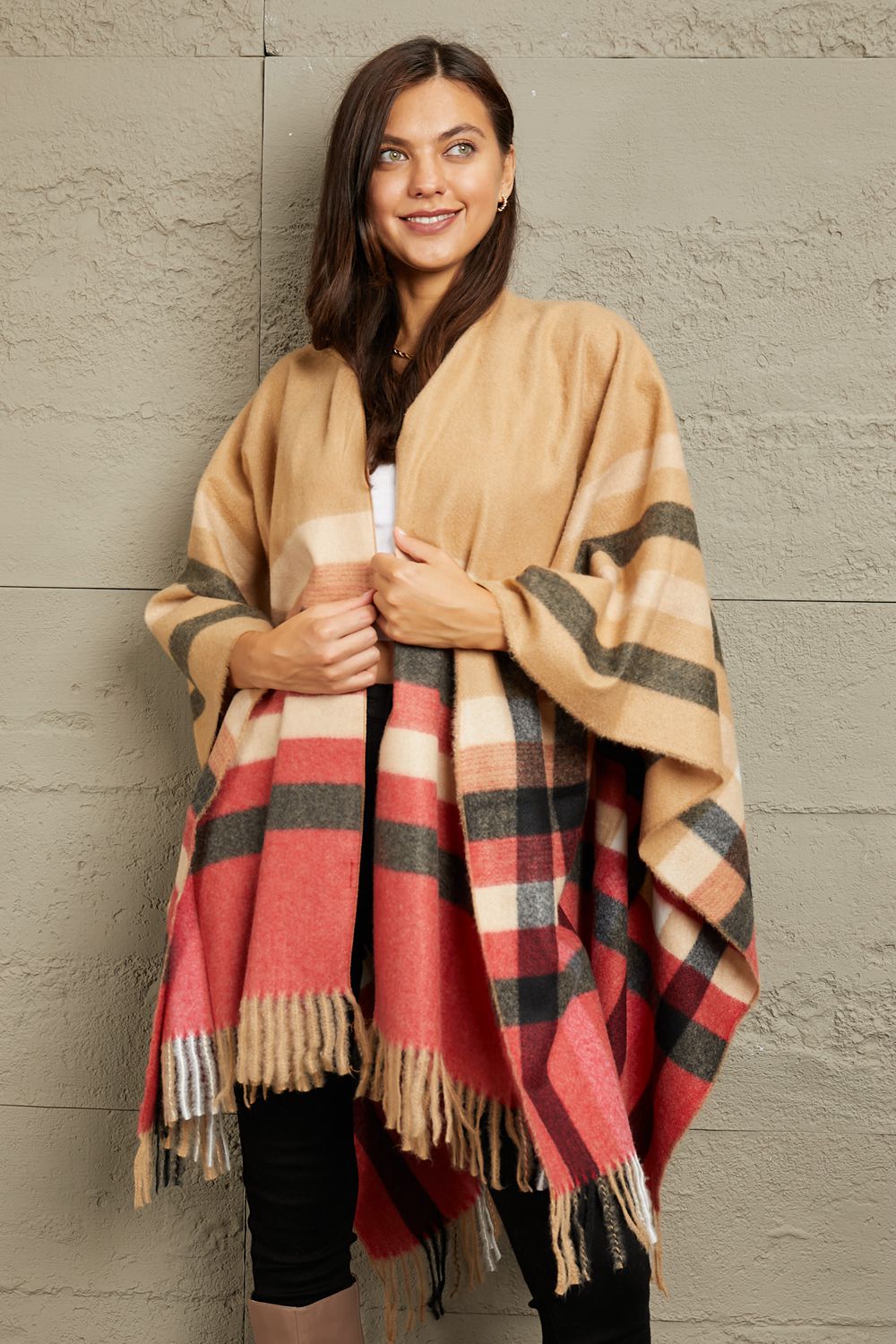 e. Luna Plaid Shawl Poncho Cardigan