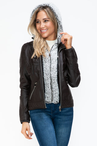 MI Faux Layered Double-Zipper Jacket with Fuzzy Hood