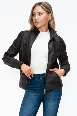 MI Faux Layered Double-Zipper Jacket with Fuzzy Hood