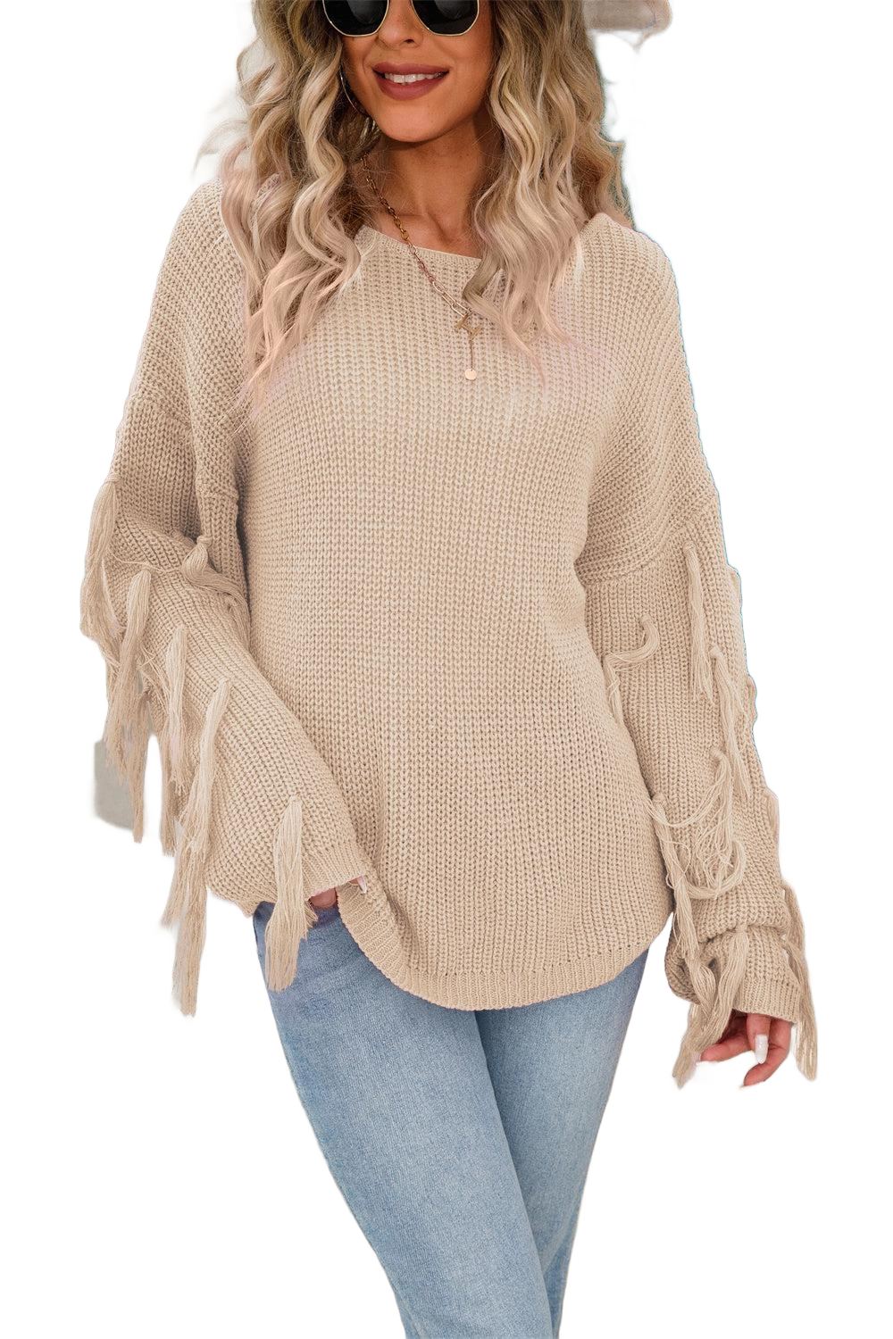 Fringe Round Neck Dropped Shoulder Sweater