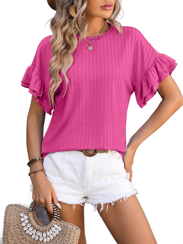 Ruffled Round Neck Short Sleeve Blouse