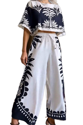 Printed Half Sleeve Top and Wide Leg Pants Set