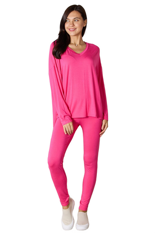 Full Size V-Neck Soft Rayon Long Sleeve Top and Pants Lounge Set