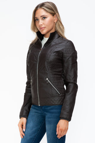 MI Faux Layered Double-Zipper Jacket with Fuzzy Hood