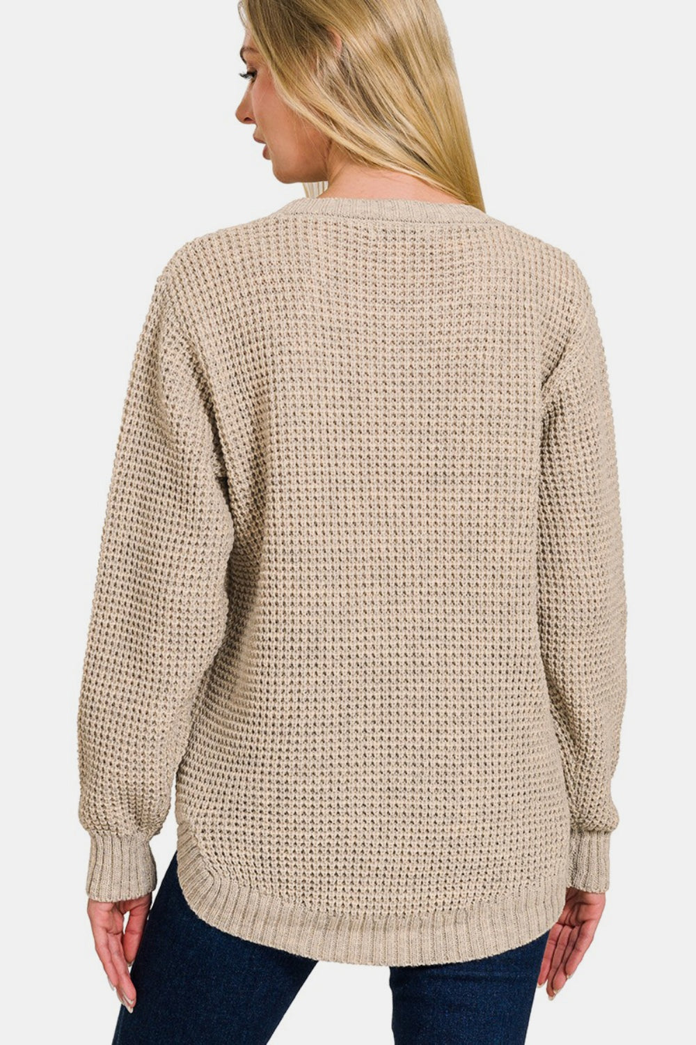 High Low Long Sleeve Waffle Sweater