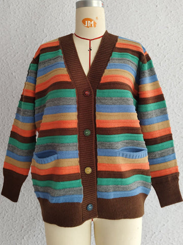 Contrast Stripes Button Up Long Sleeve Cardigan