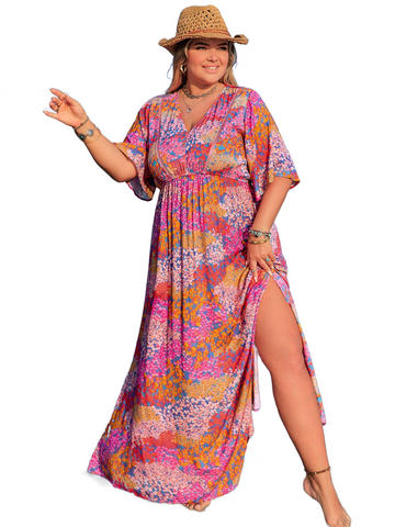 Plus Size Slit Printed Half Sleeve Dress