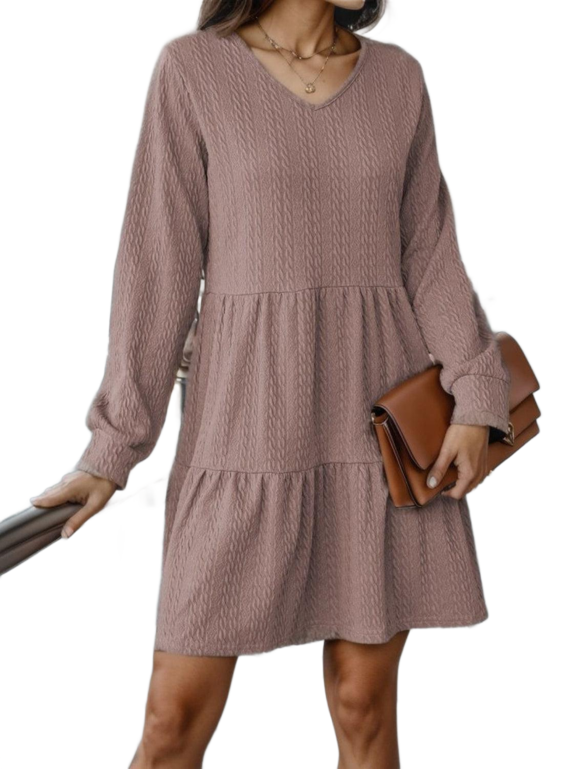 V-Neck Long Sleeve Mini Dress