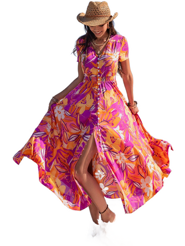 Printed V-Neck Short Sleeve Midi Dress