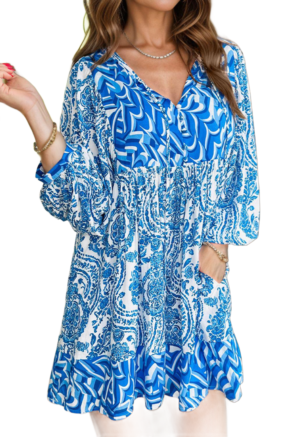 Printed Tie Neck Long Sleeve Mini Dress