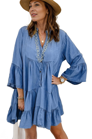 Notched Flare Sleeve Denim Dress