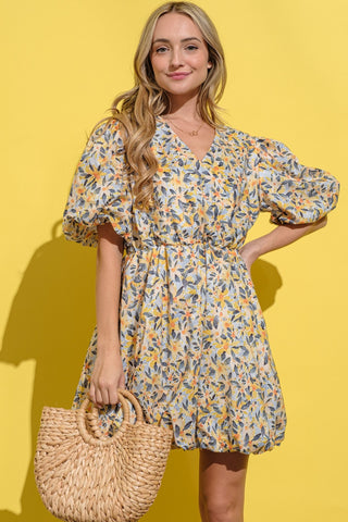 Full Size Floral Surplice Puff Sleeve Dress