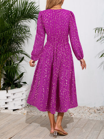 Printed Surplice Long Sleeve Midi Dress