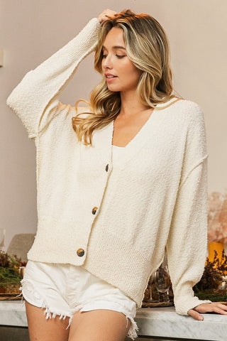 Bib V-Neck Button Up Dropped Shoulder Cardigan